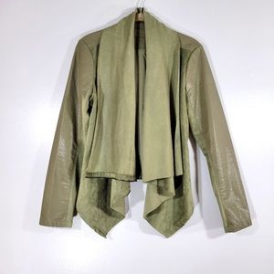 BLANK NYC olive faux leather drape front asymmetrical zip moto jacket